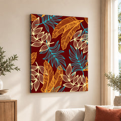 Orange & Blue Exotic Leaves Over Maroon Background | Abstract Floral Artwork #00685