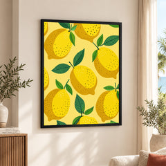 Lemon Fruit Pattern Artwork Over Yellow Background | Abstract Floral Artwork #00691