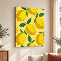 Lemon Fruit Pattern Artwork Over Yellow Background | Abstract Floral Artwork #00691
