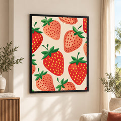 Strawberry Fruit Pattern Artwork Over Beige Background | Abstract Floral Artwork #00692