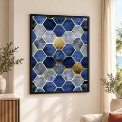 Gray & Blue Geometric Artwork With Golden Lines | Abstract Signature Artwork #00695