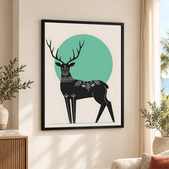 Deer With Beautiful Art Over Green & Beige Background | Abstract Animal Artwork #0076