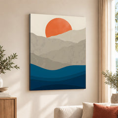 Grey & Blue Mountains With Sea Over Orange Sun | Abstract Office Artwork #0080