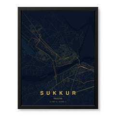 Sukkur Navy & Gold Map - Minimalist City Map Series | Signature Artwork #00809