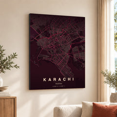 Karachi Burgundy & Pink Map - Minimalist City Map Series | Signature Artwork #00836