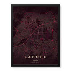 Lahore Burgundy & Pink Map - Minimalist City Map Series | Signature Artwork #00837