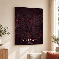 Multan Burgundy & Pink Map - Minimalist City Map Series | Signature Artwork #00840