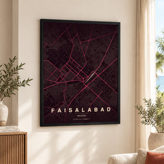 Faisalabad Burgundy & Pink Map - Minimalist City Map Series | Signature Artwork #00842