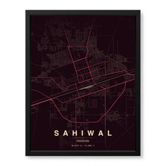 Sahiwal Burgundy & Pink Map - Minimalist City Map Series | Signature Artwork #00847