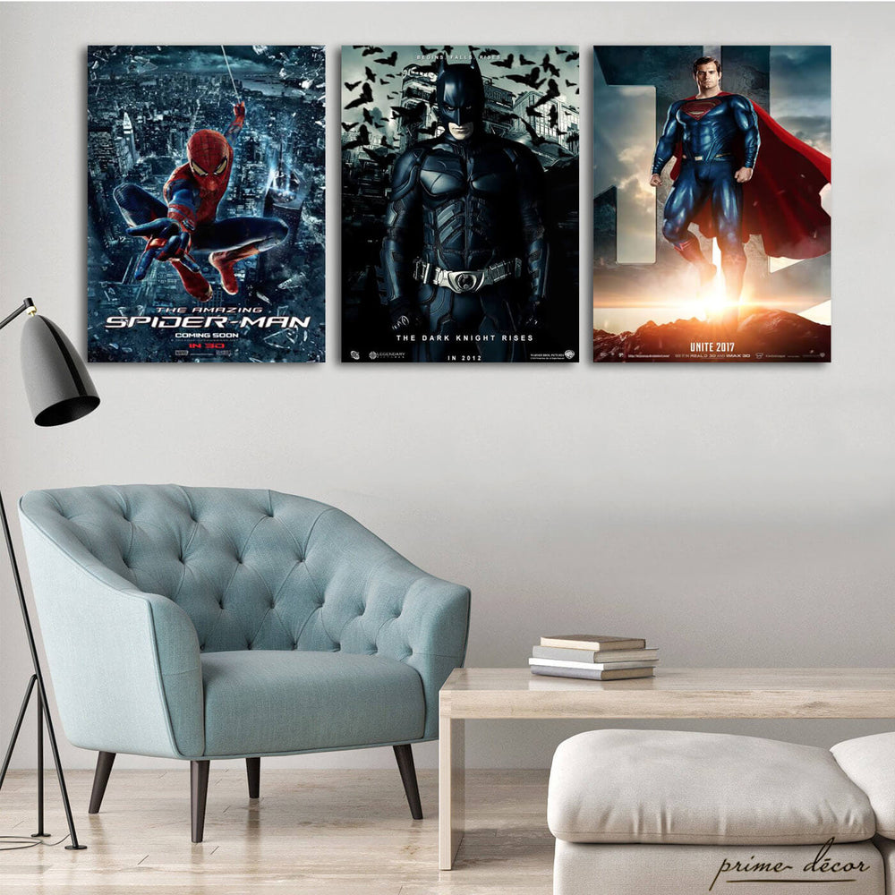 Spiderman, Batman & Superman (3 Panel) Comic Wall Art - Prime Décor