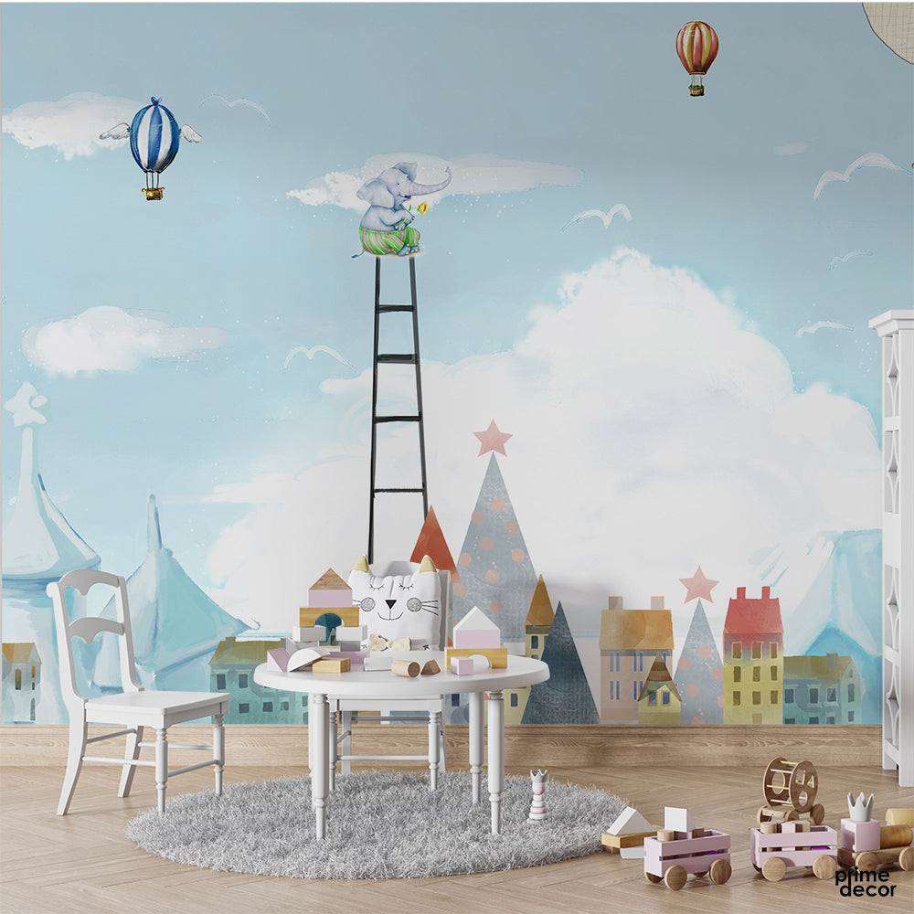 Balloon Castle and Cloud Background | Kids Wallpaper Mural - Prime Décor