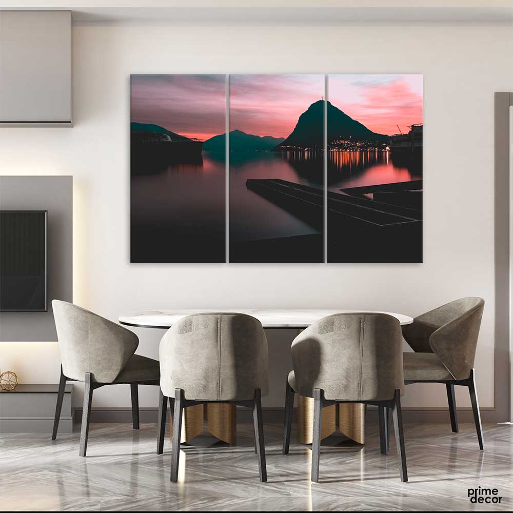 Mountain Lake Reflection Lights (3 Panel) Nature Wall Art - Prime Décor