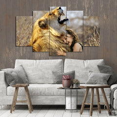 Cute Girl With Lion (5 Panel) | Animal Love Wall Art On Sale - Prime Décor