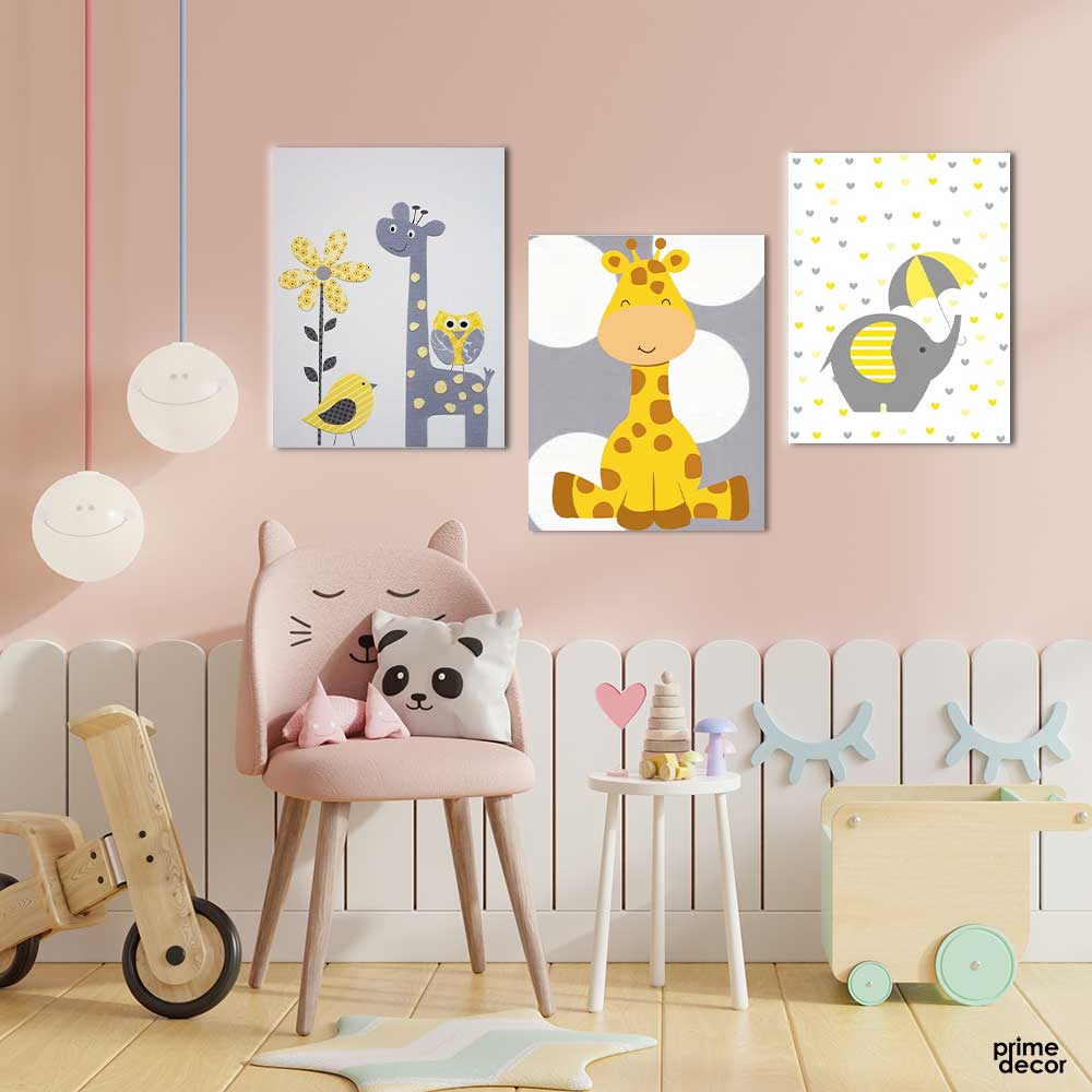 Cute Baby Giraffe & Elephant (3 Panel) Kids Wall Art - Prime Décor
