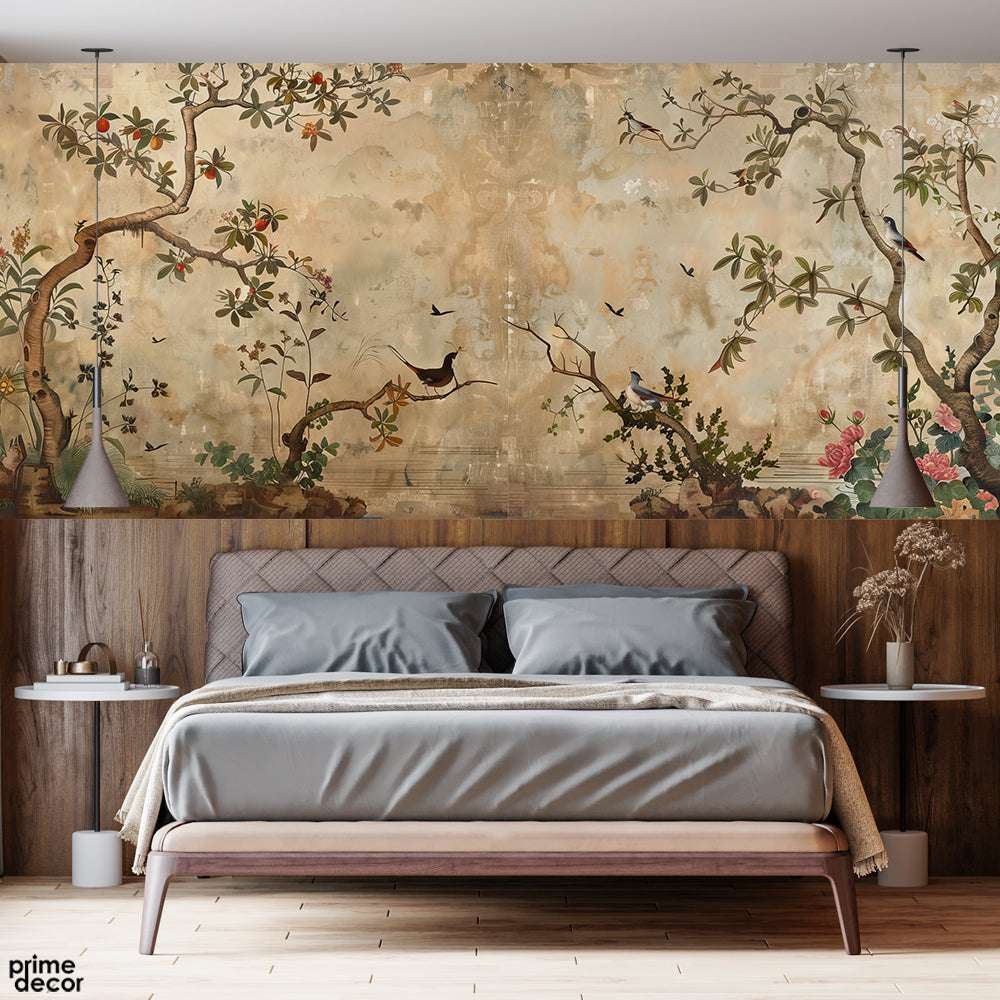 Aesthetic Floral Artwork With Birds Over 90's Style Background | Floral Wallpaper Mural