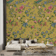 Beautiful Birds With Flowers Artwork Over Mustard Background | Floral Wallpaper Mural