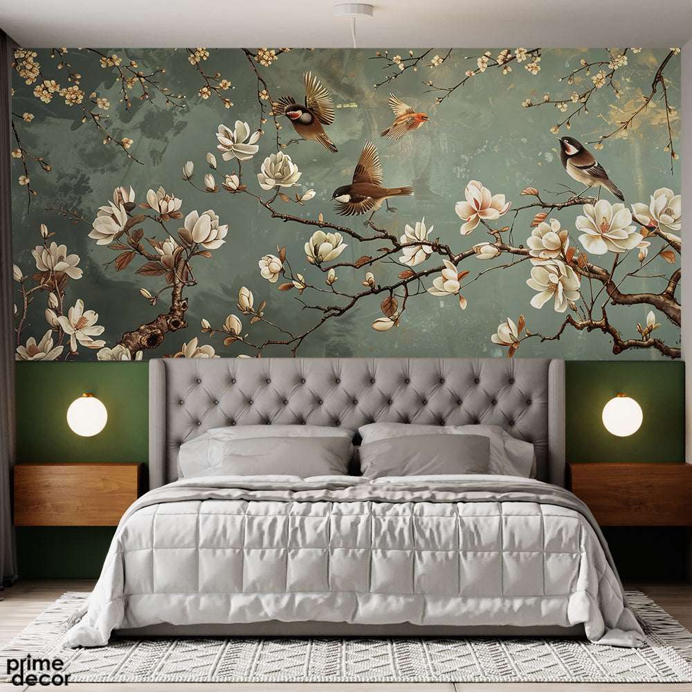 Beautiful Sparrows With White Flowers Over Blue Background | Floral Wallpaper Mural