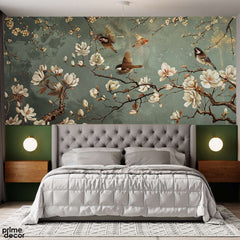 Beautiful Sparrows With White Flowers Over Blue Background | Floral Wallpaper Mural