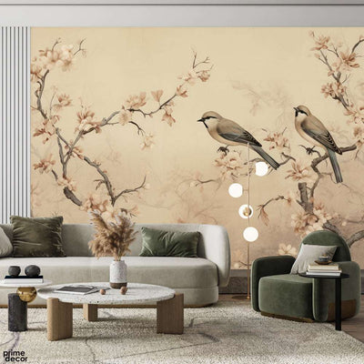 Sparrows With Flowers Over Beige Background | Floral Wallpaper Mural