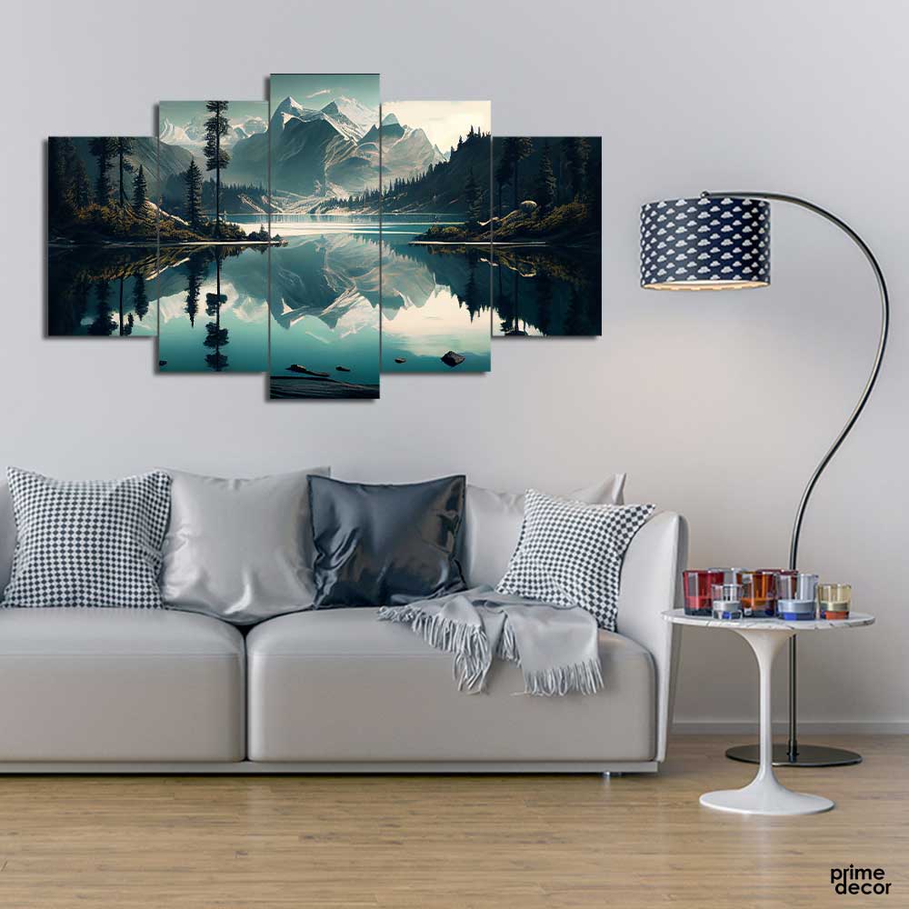 Mountain Painting in Lake (5 Panel) Nature Wall Art - Prime Décor