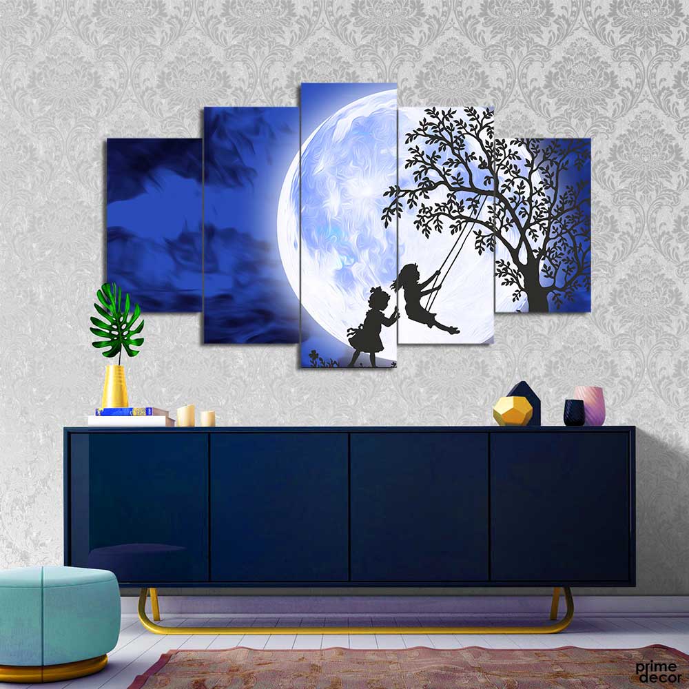 Moon View Kids Playing (5 Panel) Nature Wall Art - Prime Décor