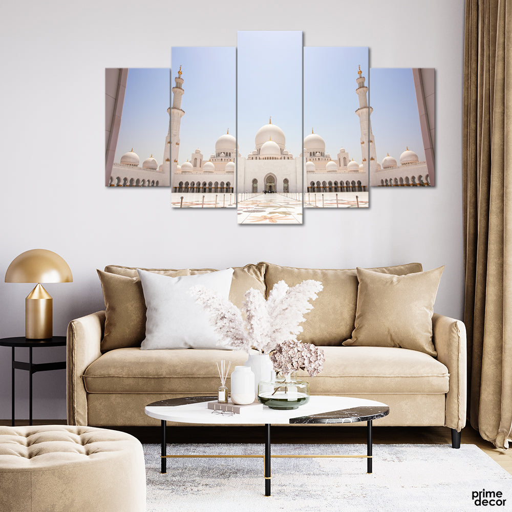 Sheikh Zayed Grand Mosque Clear Sky Background (5 Panel) Islamic Wall Art - Prime Décor