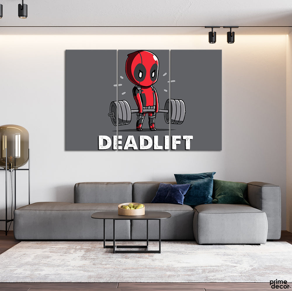 Deadpool Doing Deadlifting (3 Panel) Funny Wall Art - Prime Décor