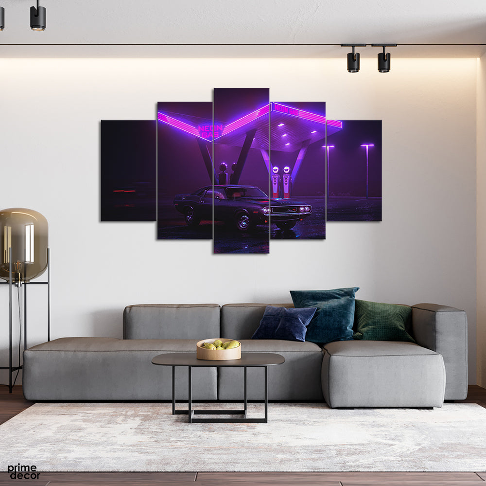 Neon Gas Station (5 Panel) Cars Wall Art - Prime Décor