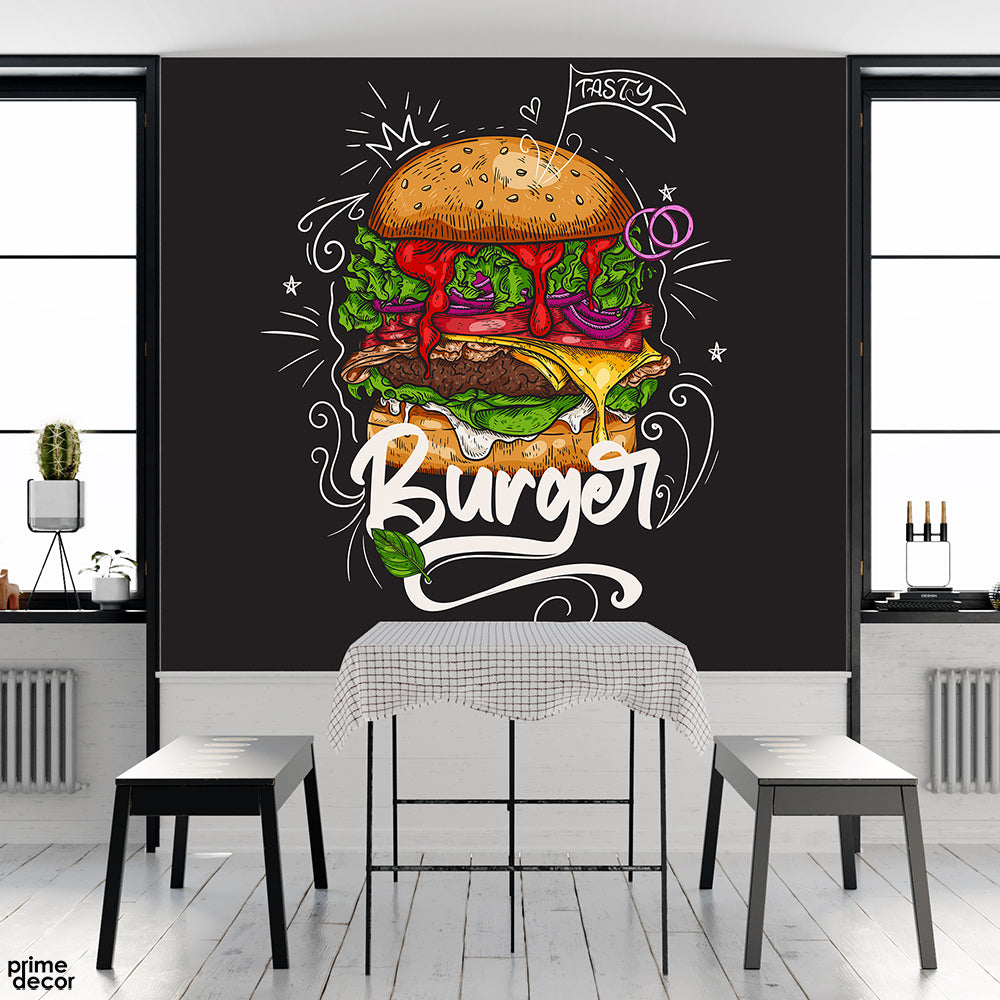 Tasty Burger Chalk Cafe Design | Restaurant Wallpaper Mural - Prime Décor