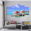 White and Red Plane on Body of Water Beside Brown Dock (5 Panel) Plane Wall Art