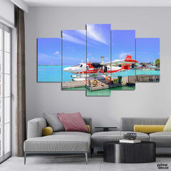 White and Red Plane on Body of Water Beside Brown Dock (5 Panel) Plane Wall Art