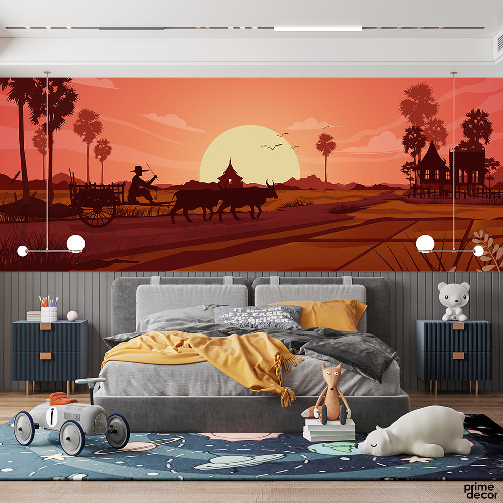 Countryside Sunset Silhouette | Landscape Wallpaper Mural - Prime Décor