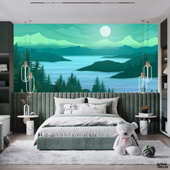 Pastel Green & Ocean Blue Scenic Landscape | Nature Wallpaper Mural - Prime Décor