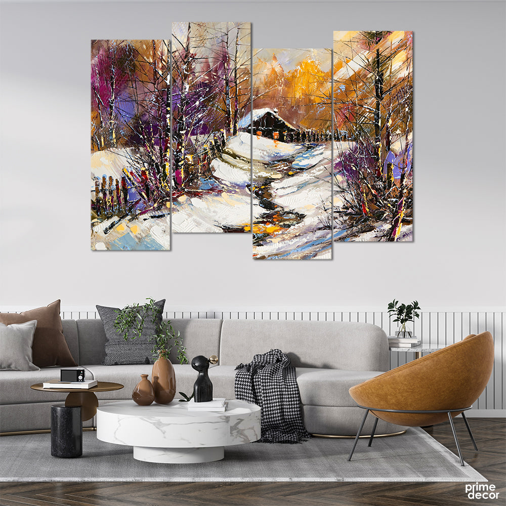 Small Hut In The Snow (4 Panel) Oil Paint Wall Art - Prime Décor
