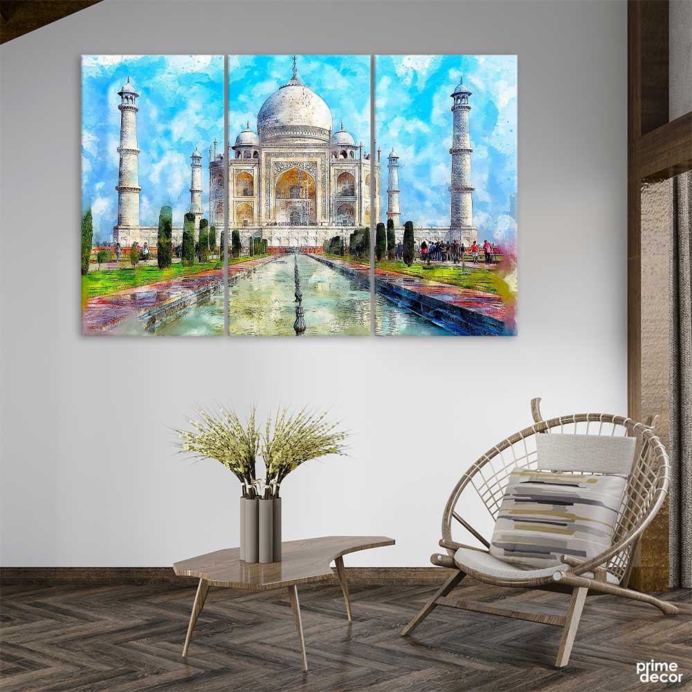 Taj Mahal Watercolor Painting (3 Panel) | Architect Wall Art - Prime Décor
