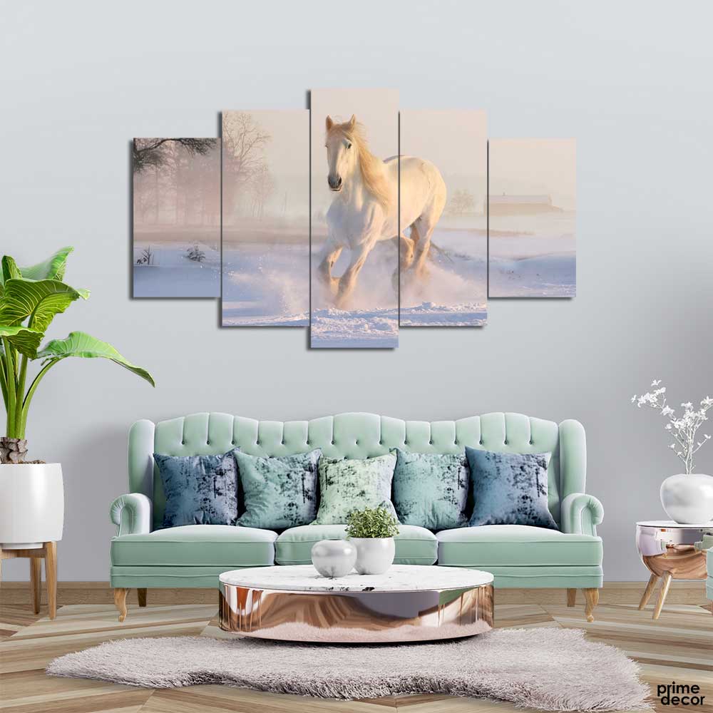 White Horse Winter Snow (5 Panel) | Animal Wall Art – Prime Décor