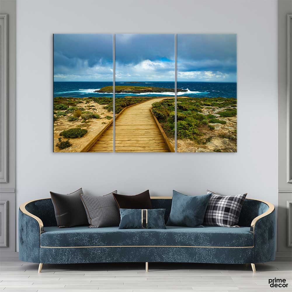 Brown Wooden Pathway Under Cloudy Sky (3 Panel) Nature Wall Art - Prime Décor