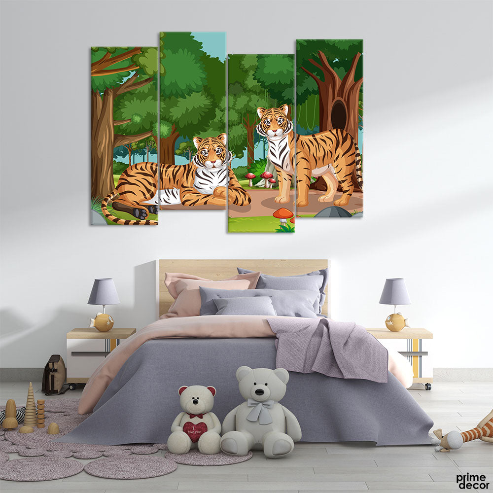 Tiger & Tigress in Forest | Illustration Wall Art - Prime Décor