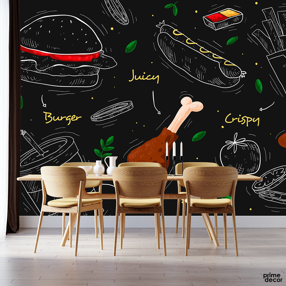 Juicy & Crispy Fast food Blackboard Cafe Design | Restaurant Wallpaper Mural - Prime Décor
