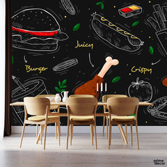Juicy & Crispy Fast food Blackboard Cafe Design | Restaurant Wallpaper Mural - Prime Décor