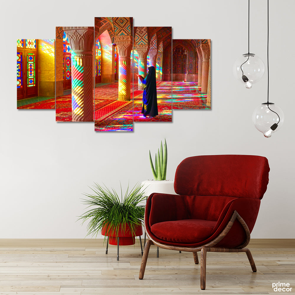 The Pink Mosque Iran Brush Strokes Style (5 Panel) Islamic Wall Art - Prime Décor
