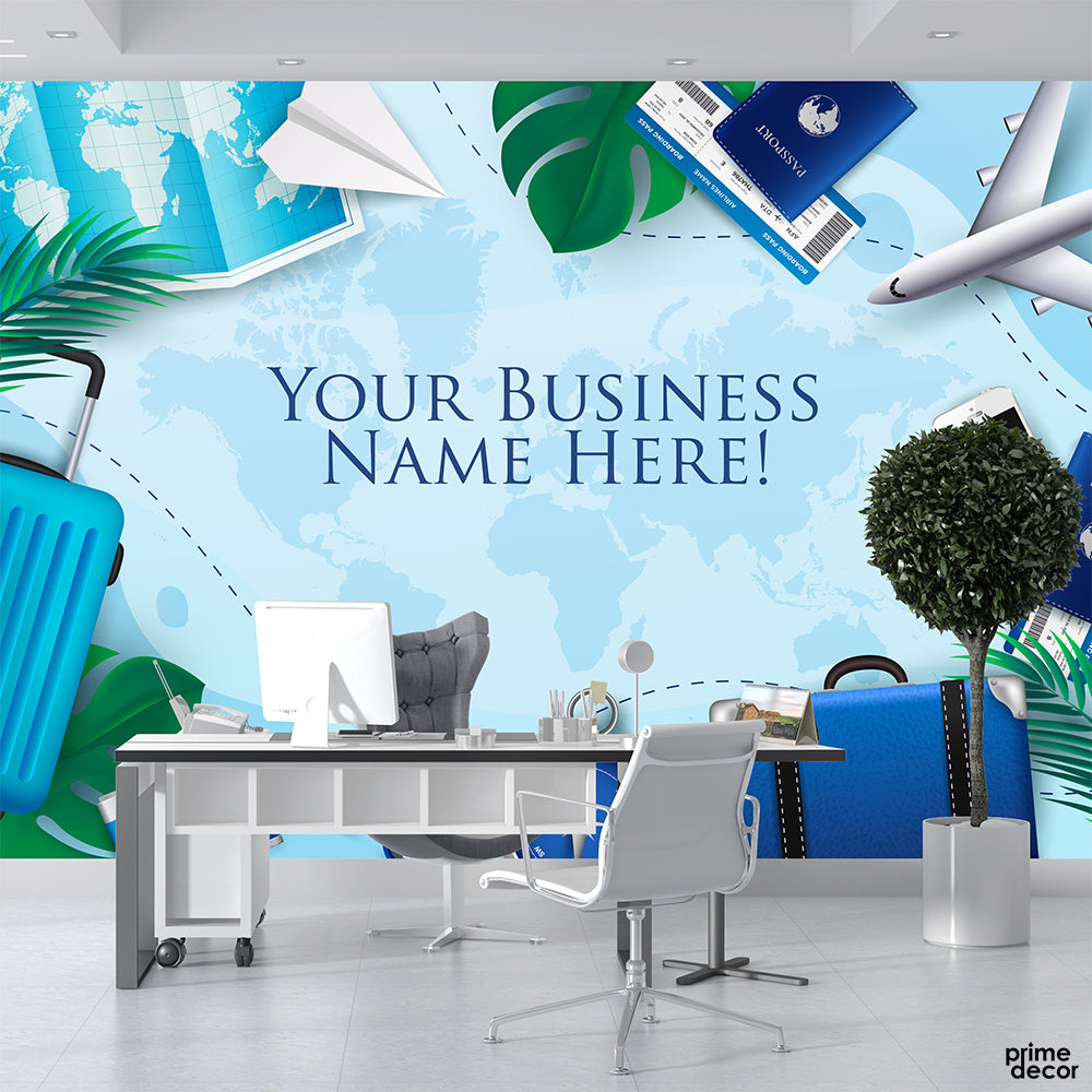 Sky Blue Traveling Design With Customized Business Name | Office Wallpaper Mural - Prime Décor