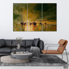 Setting Sun Behind The Ships (3 Panel) Digital Wall Art - Prime Décor