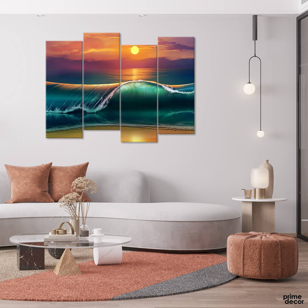 Green Wave at Sunset (4 Panel) Nature Wall Art - Prime Décor