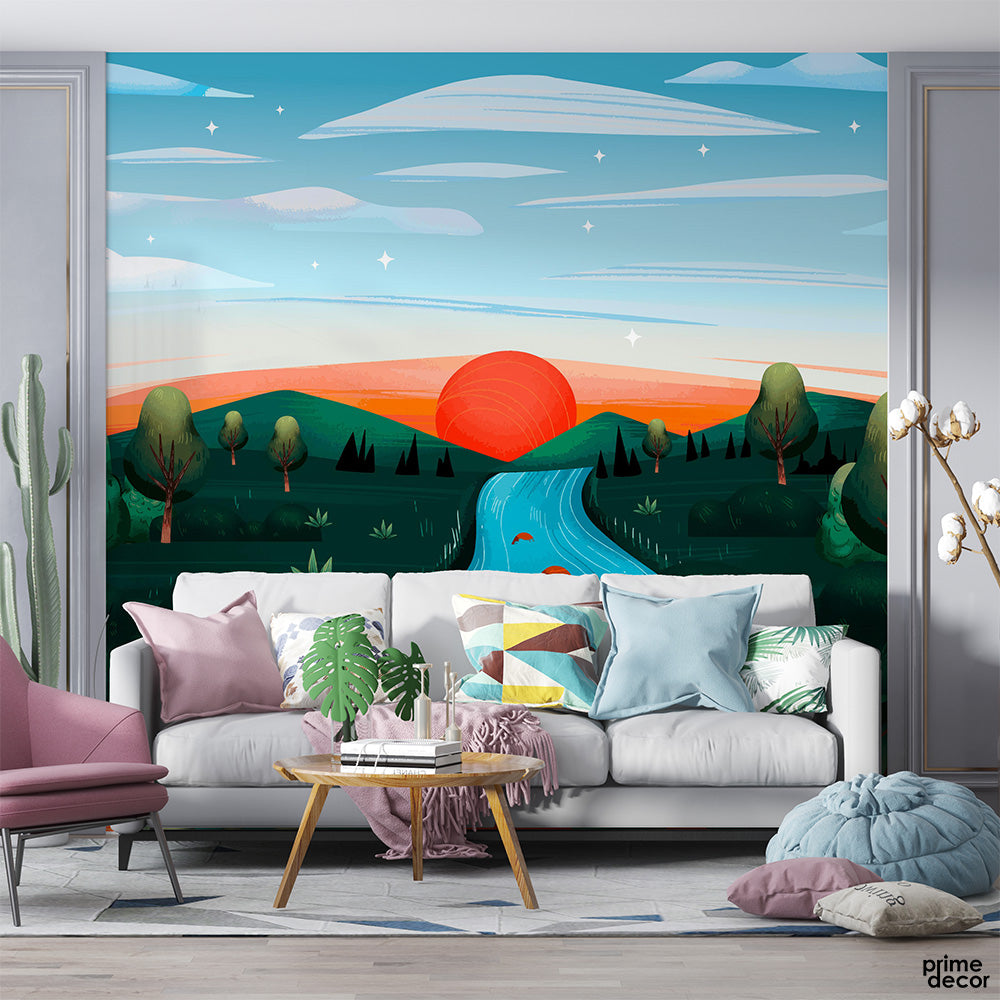 Sun Rising in Scenic Landscape | Nature Wallpaper Mural - Prime Décor