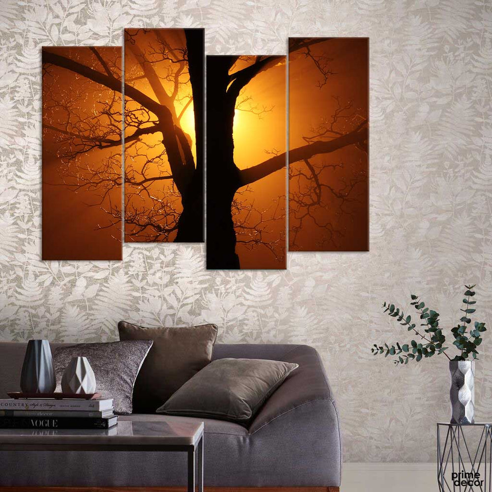Beautiful Sun & Tree Silhouette (4 Panel) | Nature Wall Art - Prime Décor