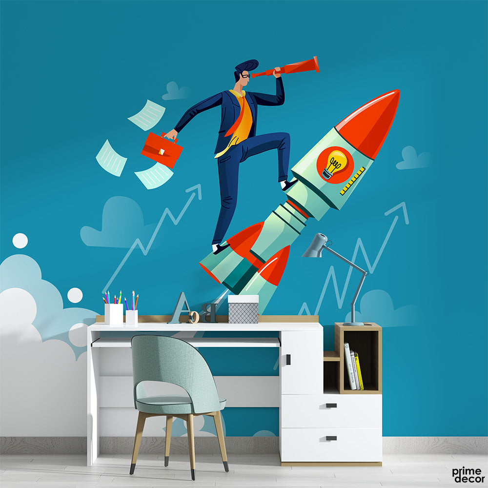 Man On Success Rocket | Office Wallpaper Mural - Prime Décor