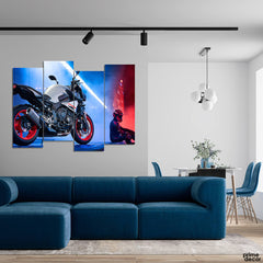 Biker sitting with Yamaha MT-10 (4 Panel) Bike Wall Art - Prime Décor