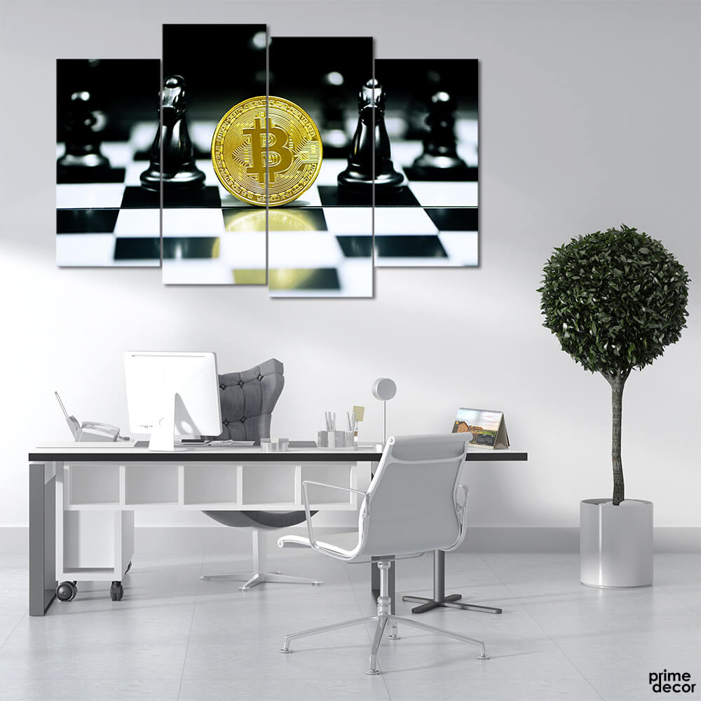 Bitcoin on Chess Board (4 Panel) Game Wall Art - Prime Décor