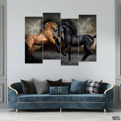 Black And Gold Fighting Horses (4 Panel) Animal Wall Art On Sale - Prime Décor